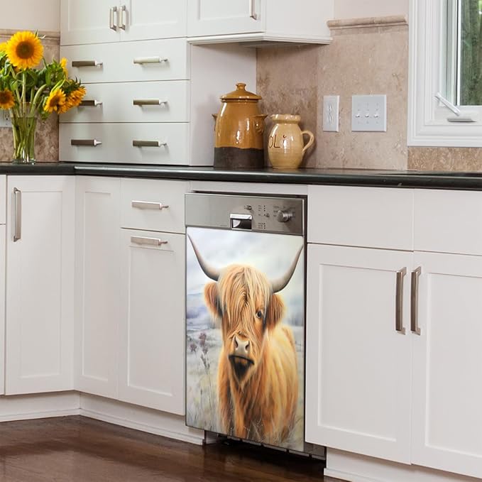 Dishwasher Magnet Cover Highland Cow Refrigerator Covers Magnetic Sheet Sticker Farmhouse Kitchen Decorative Home Cabinet Decals Appliances Stickers, 23x26 inch