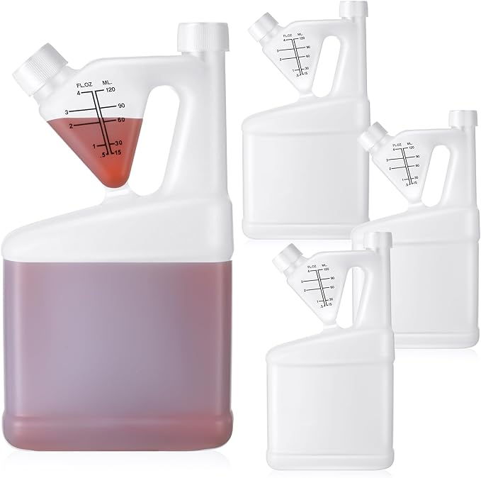 4 Pcs 32oz Tip Measure Containers Tip and Pour Measuring Containers HDPE Chemical Measuring Cups with Lids Plastic Bottle, up to 4oz Capacity (32oz)