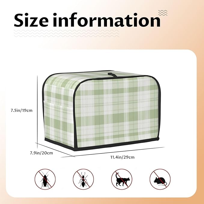 2 Slice Toaster Cover for Kitchen Pastel Green Buffalo Plaid Waterproof and Dustproof Toaster Dust Cover with Side Pockets Decorative Universal Cover for Wide Slot Toasters and Small Appliances