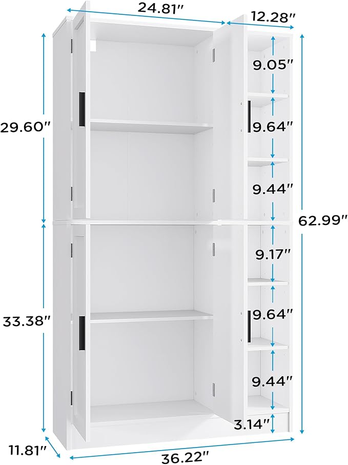 63" Tall White Kitchen Pantry, Freestanding Storage Cabinet with 4 Doors, Adjustable Shelves for Dining Room, Laundry Room