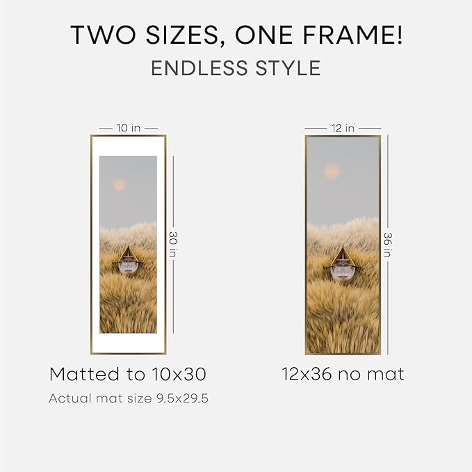 Homeforia 12x36 Picture Frame Bronze, High End Metal 12by36 Brass Poster Frames with Mat 10x30 Photo, 12 x 36 Panoramic Frames Matted to 10 by 30 Art, 36by12 Frames, Tempered Glass, Wall Kit, Set of 2
