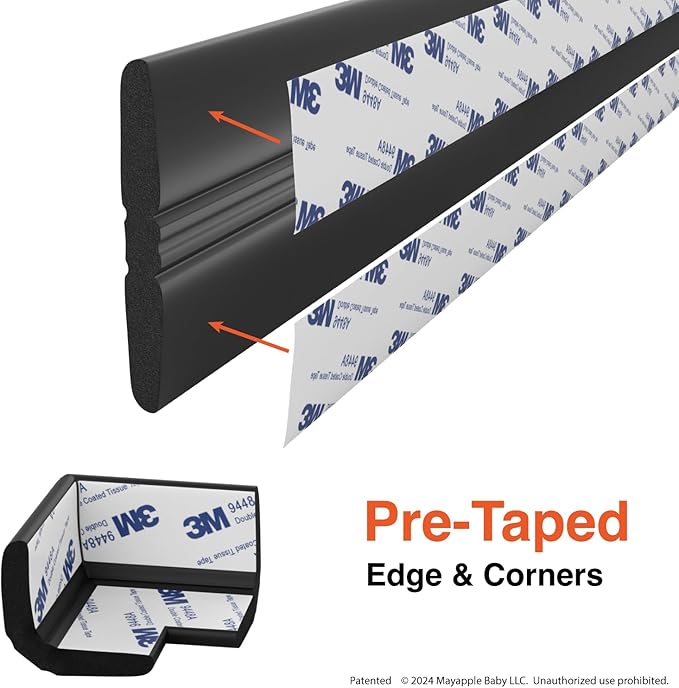 Roving Cove PreFit (Broad) Fireplace Edge Corner Protector (Extra Wide 9ft Edge 2 Corners), Baby Proofing Bumper Guards, Onyx Black, Pre-Taped, for Straight Surfaces - New & Improved