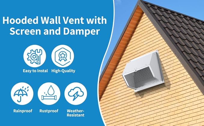 6 Inch Hooded Wall Vent with Screen and Damper,Wall Exhaust Vent Cover Cap,Dryer Vent Cover Outside,External Extractor Wall Vent Hood for House Kitchen Range Hood Air Ventilation White