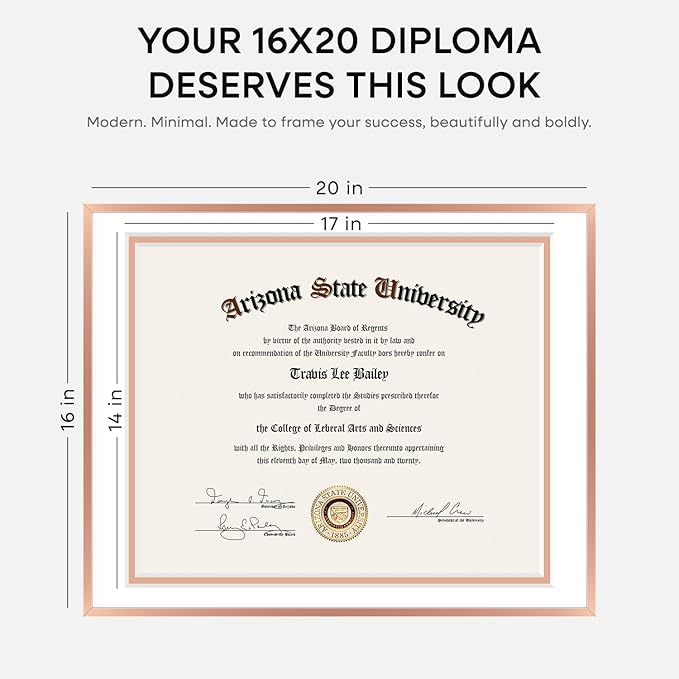 Homeforia 16x20 Diploma Frame Rose Gold, High End Metal 16 x 20 Certificate Frame with Mat 14 x 17, 16by20 Document Frame Matted to 14by17, Graduation Degree Frames, Tempered Glass, Wall Kit, Set of 1