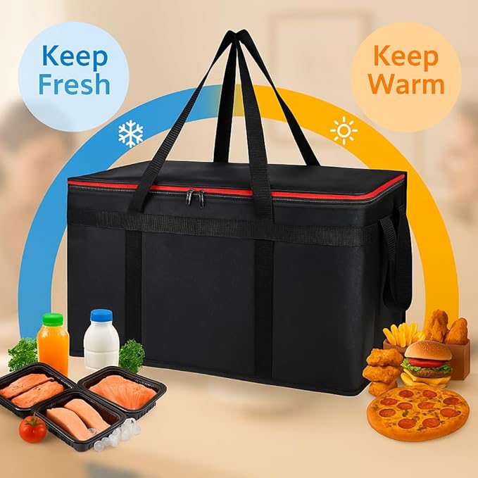 Cooler Insulated Food Delivery Bag & Drink Carrier with Hard Bottom, XXX-Large Pizza Bags for Doordash/Uber Eats, Grocery Catering Travel Thermal Frozen Carrier, Cold Warmer Accessories for Door Dash