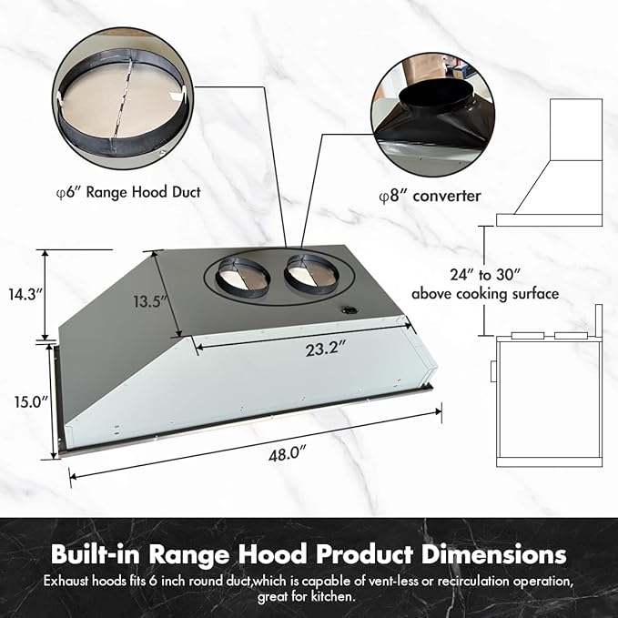Micmi 48 inch Built-in Range Hood Insert Vent, Dual Motors Stainless Steel Kitchen 1400 CFM with Push Button Control, Ducted, Baffle Filters, 4 Speed Stove Exhaust Fan, ETL listed