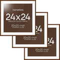 Homeforia 24x24 Picture Frame Brown, High End Dark Oak 24 x 24 Square Wood Frame with Mat 20 x 20 for Photo, 24by24 Wooden Walnut Poster Frame Matted to 20x20 Print, Tempered Glass, Wall Kit, Set of 3