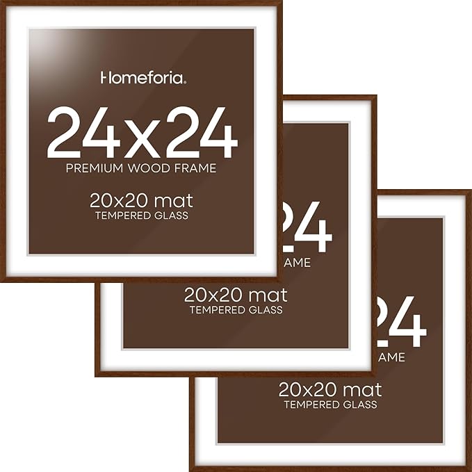 Homeforia 24x24 Picture Frame Brown, High End Dark Oak 24 x 24 Square Wood Frame with Mat 20 x 20 for Photo, 24by24 Wooden Walnut Poster Frame Matted to 20x20 Print, Tempered Glass, Wall Kit, Set of 3