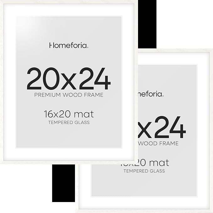 Homeforia 20x24 White Picture Frame, High End Oak 20x24 White Wood Frame with Mat 16x20 Photo, 20 x 24 Wooden Poster Frames Matted to 16 by 20, 24x20 Hanging Frames, Tempered Glass, Wall Kit, Set of 2