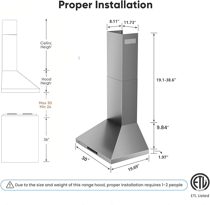 Wall Mount 30 Inch Range Hood 900 CFM,3-speed Gesture Sensing & Touch Control, Ductless/Ducted Convertible Kitchen Hood, Stainless Steel Kitchen Vent Hood with Permanent Baffle Filters