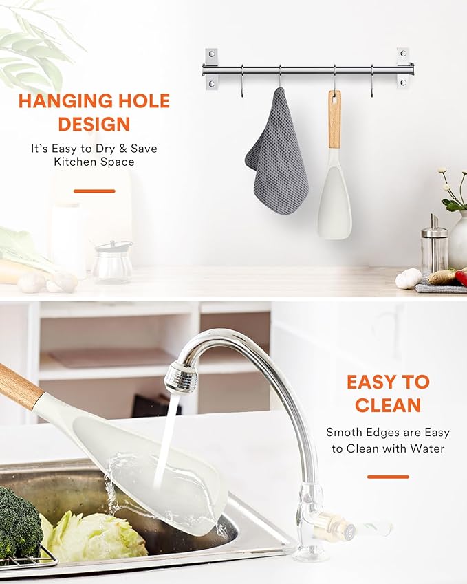 Cooking Spoon for Nonstick Cookwares, Great for Cooking and Serving Sturdy BPA-Free Matte Silicone, Wood Handle Spoon for Mixing, Scoop, and Scrape (WHITE, 11.4 inch)
