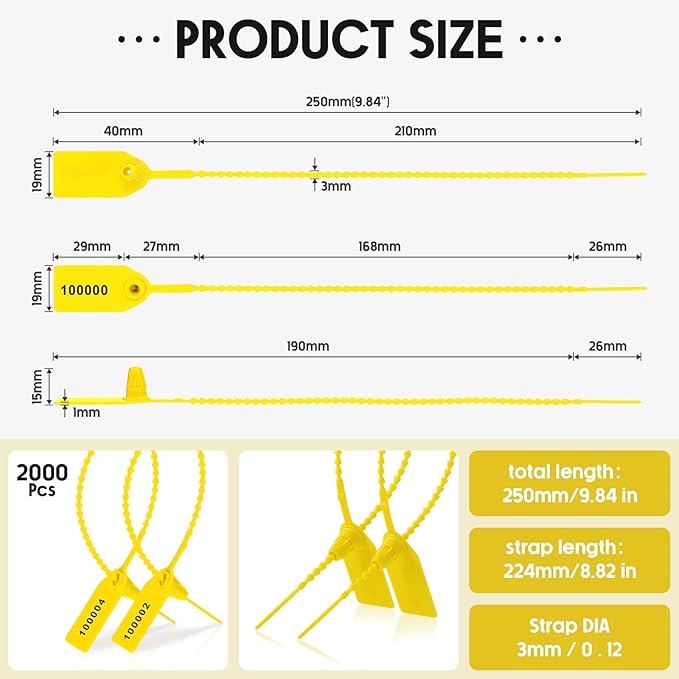 Roowest 2000 Pcs Plastic Tamper Seals Security Tags Seals Safety Numbered Zip Ties Fire Extinguisher Tamper Tags Disposable Self Locking Signage 250 mm Length(Yellow)