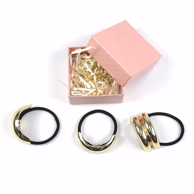 3PCS Gold Geometric Hair Ties - Polished Metal Hair Cuffs for Women, Non-Damage Ponytail Holders with Unique Shapes