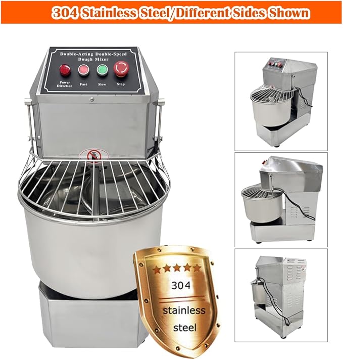 Commercial Dough Mixer Double Action Double Speed Stand Dough Mixer Machine Heavy-Duty Spiral Food Mixer Stainless Steel Pizza Bread Flour Kneading Blender 30L for Bakeries Pizzerias