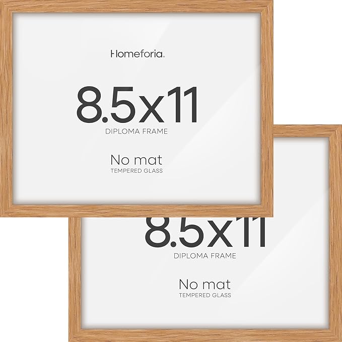 Homeforia 8.5x11 Diploma Frame Wood, High End Natural Oak 8.5x11 Certificate Frames, 11x8.5 Document Frames for Wall or Tabletop, 8.5 by 11 Award Light Wooden Frame, Tempered Glass, Wall Kit, Set of 2