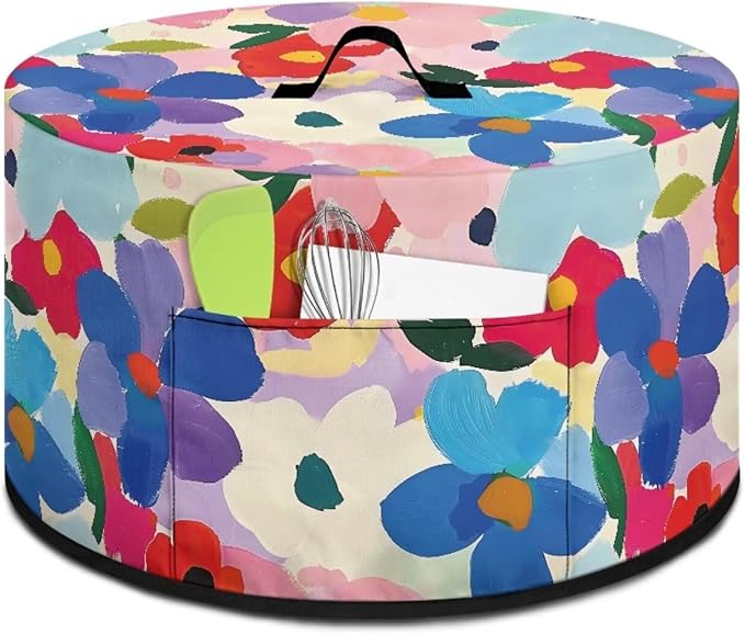 Colorful Floral Painting Print Slow Cooker Dust Cover with Side Pocket for Small Kitchen Appliance Dust Protection Kitchen Dust Cover Easy to Clean, 16 x 14 x 9.6 inch