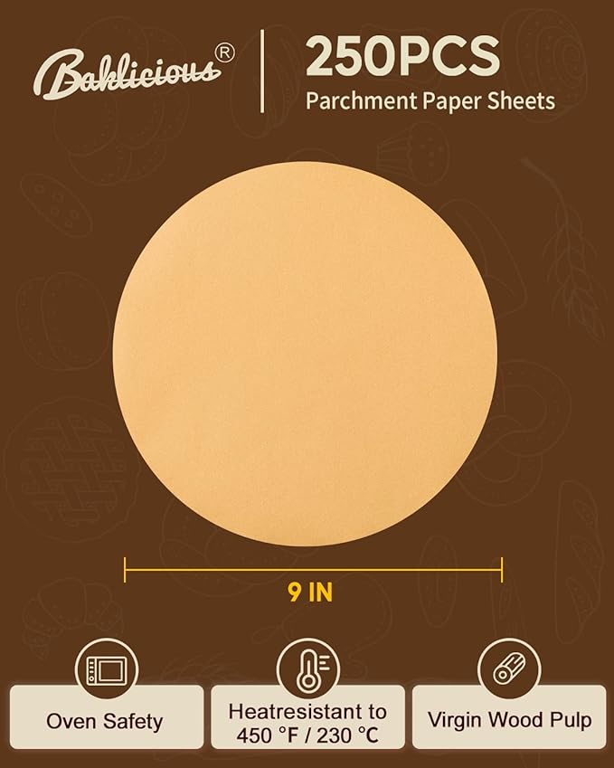 Baklicious 250Pcs 9 Inch Parchment Paper Rounds. Non Stick Round Parchment Paper, Baking Parchment Circles for Cake Baking, Patty Separating, Tortilla Wrapping