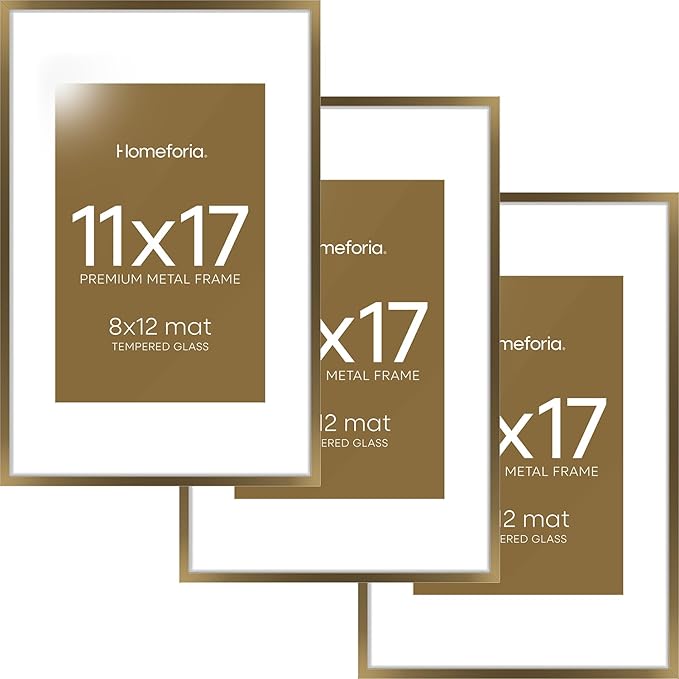 Homeforia 11x17 Bronze Picture Frame, High End Metal 11x17 Brass Poster Frames with Mat 8x12 for Photo, 11 x 17 Frame Matted to 8 by 12 inch Print, 17x11 Thin Frame, Tempered Glass, Wall Kit, Set of 3
