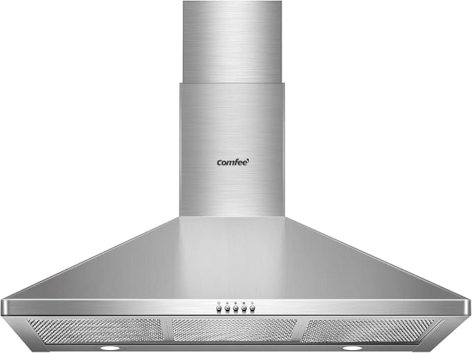 COMEEE' CVP36W6AST 36 Inch Ducted Pyramid Range 450 CFM Stainless Steel Wall Mount Vent Hood with 3 Speed Exhaust Fan, 5-Layer Aluminum Permanent Filters, Two LED Lights, Convertible to Ductless