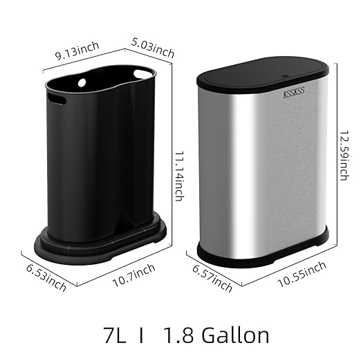 1.8 Gallons Small Stainless Steel Trash Can with Press Type Lid, Slim Bathroom Garbage Bin, Removable Liner Bucket, Dog Proof Narrow Wastebasket with Pop-Up Lid for Bedroom,Toilet (Silver)