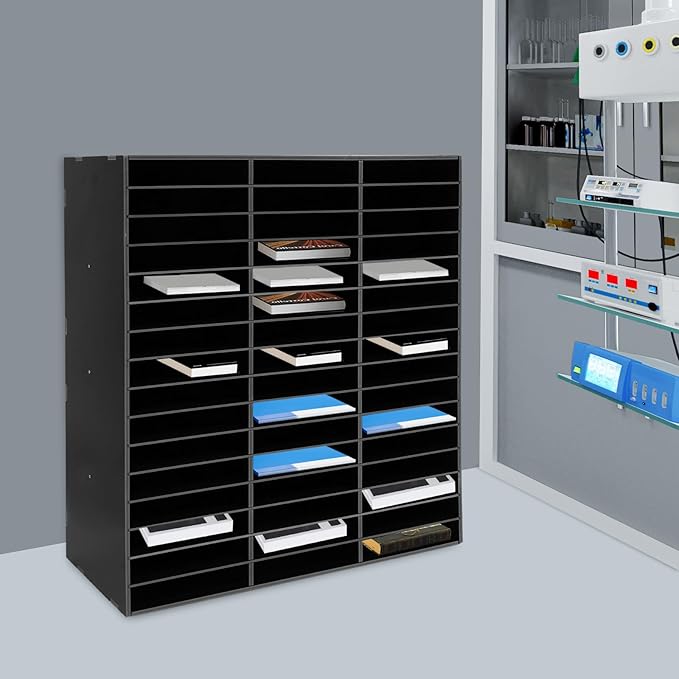 Literature Organizer,Desktop File Sorter Mail Center,Paper Storage Cabinet with 48 Slots Compartments,Suitable for Home School Office (48 Slots Black)