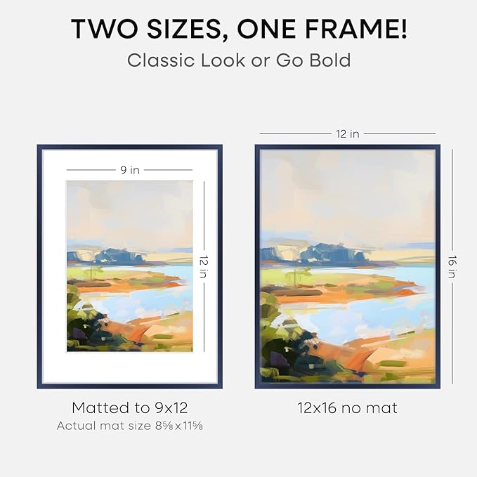 Homeforia 12x16 Navy Blue Picture Frame, High End Metal 12x16 Poster Frames with Mat 9x12 Photo, 12 x 16 Navy Blue Frame Matted to 9 by 12 Print, 16x12 Thin Frames, Tempered Glass, Wall Kit, Set of 1