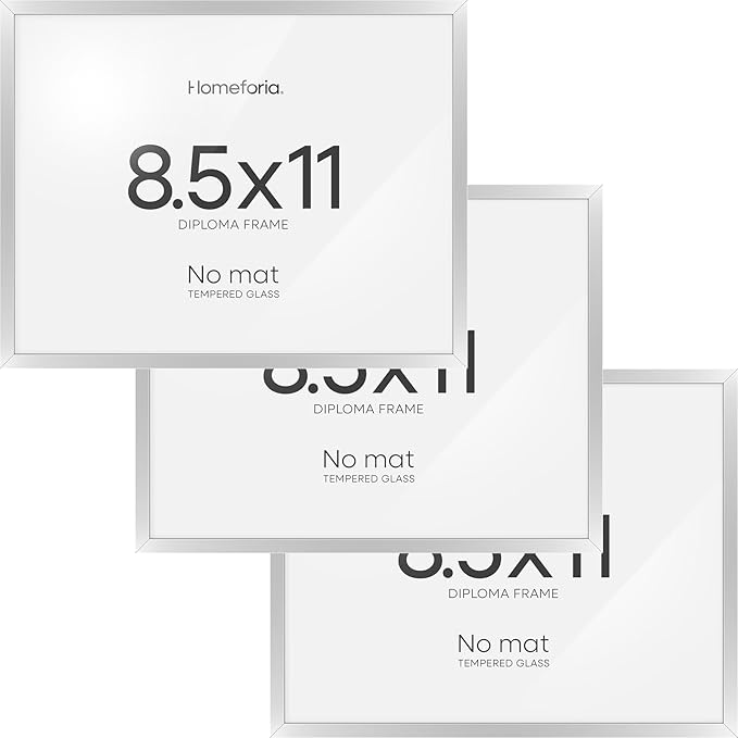 Homeforia 8.5x11 Diploma Frame Silver, High End Metal 8.5 x 11 Certificate Frames, 11x8.5 Document Frame for Wall or Tabletop, 8.5by11 Letter Size Graduation Frames, Tempered Glass, Wall Kit, Set of 3
