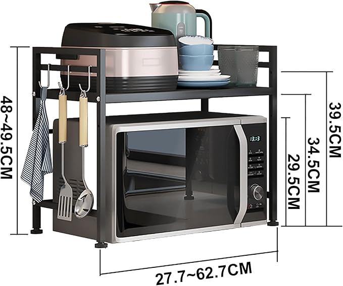 Microwave Storage Rack Microwave Oven Rack Kitchen Microwave Oven Rack Toaster Stand Kitchen Counter Shelf Expandable and Height Adjustable Steel Countertop Storage Shelf - Black/75Cm, 49.5Cm