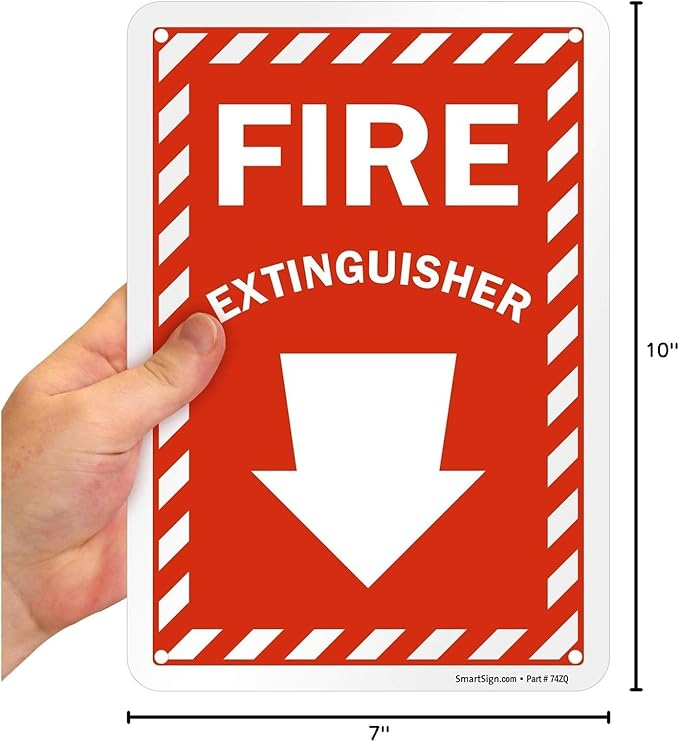 SmartSign 10 x 7 inch “Fire Extinguisher” Sign with Down Arrow and Pre-Cleared Holes, Digitally Printed, 55 mil HDPE Plastic, Red and White