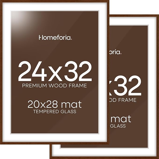 Homeforia Brown Picture Frame 24x32, High End Dark Oak 24x32 Large Wooden Poster Frame with Mat 20x28, 24 x 32 Walnut Wood Frame Matted to 20 x 28, 32x24 Thin Frame, Tempered Glass, Wall Kit, Set of 2