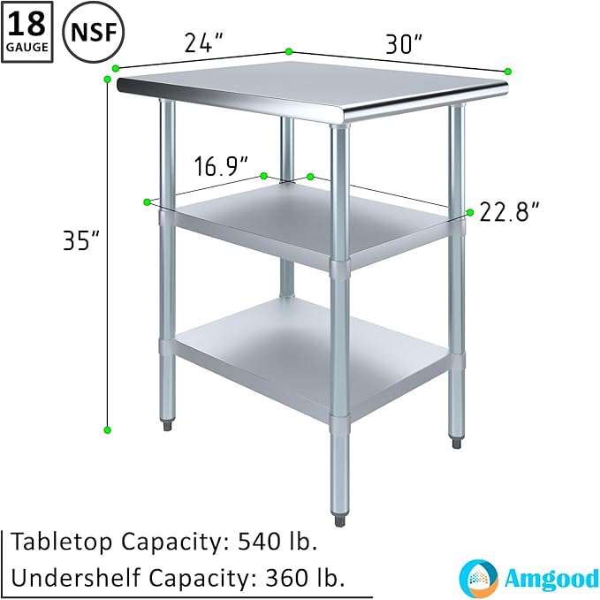 AmGood Stainless Steel Work Table with 2 Shelves | NSF | Metal Utility Table (24" Long x 30" Deep)