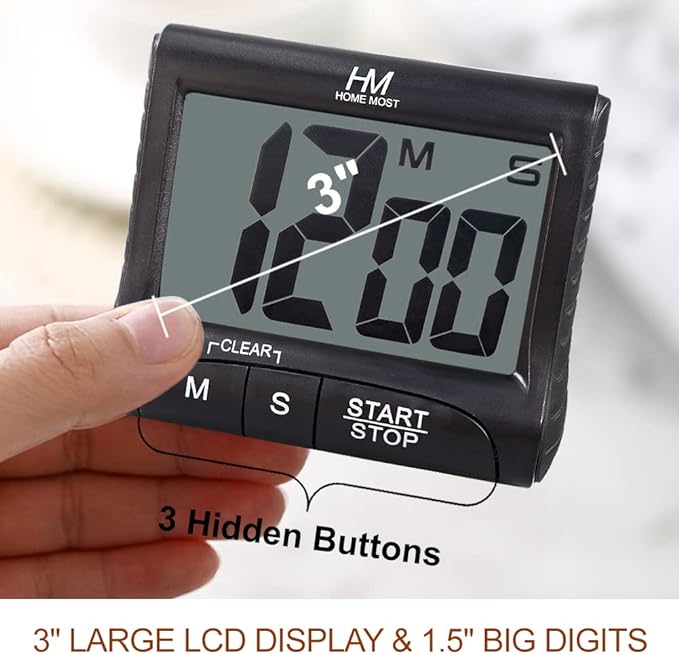 2-Pack Large Display Kitchen Timer - 3" Digital Timer Magnetic Back Loud Alarm - Black Cooking Timers for Kitchen Teachers Students Games Meetings - Sports Timers for Workouts Exercise
