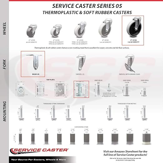 Service Caster Brand Replacement Set for Uline Casters H-2503CASKIT - Swivel Top Plate Casters with 5 Inch Thermoplastic Rubber Wheels-Includes 2 Swivel Casters and 2 Rigid Casters- Fits Utility Carts