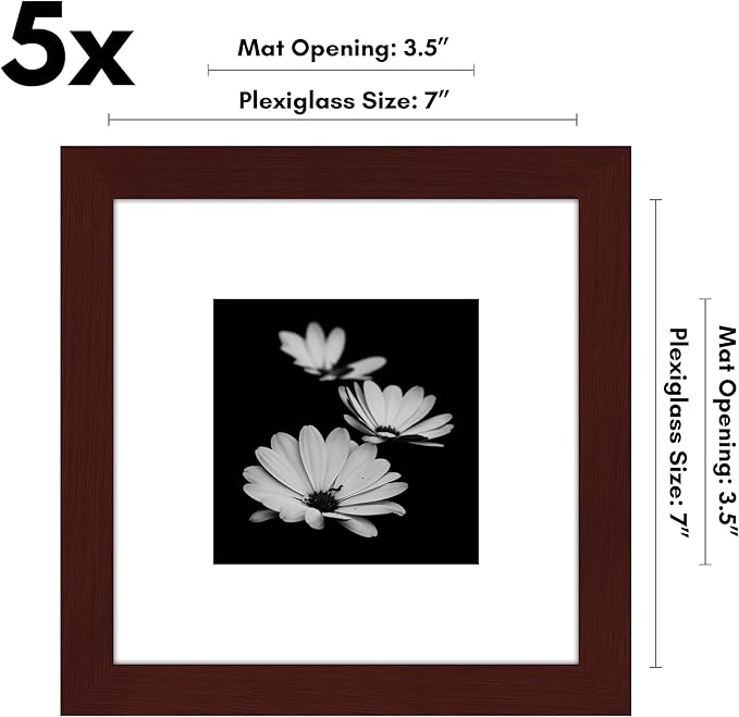 Americanflat 7x7 Picture Frame with Polished Plexiglass - Set of 5 - Use as 4x4 Frame with Mat or Display 7x7 Photo Without Mat - Galleria Collection - Square Frames for Tabletop and Wall - Mahogany