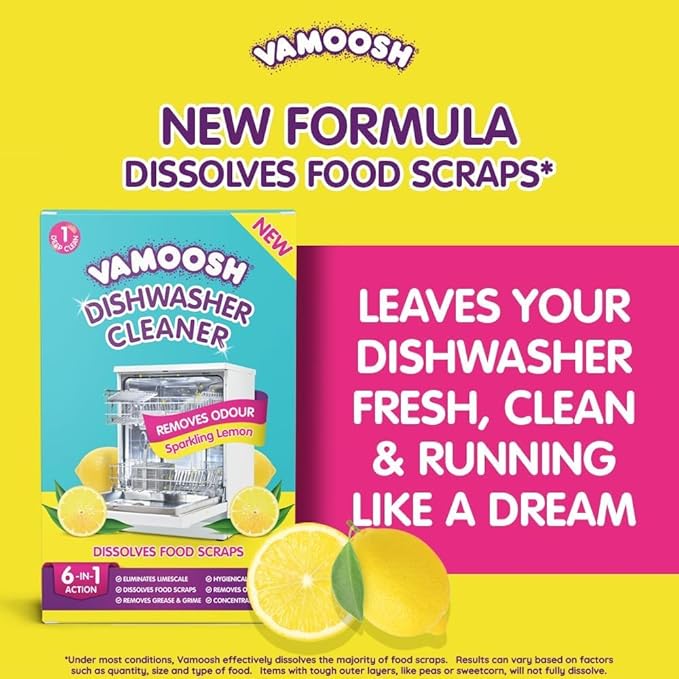 Vamoosh 6-in-1 Dishwasher Cleaner | Natural Citric Acid Cleaning Formula | No Limescale Removal | Grease Elimination | Eco-Friendly | Made in the UK | 100g (Pack of 8)