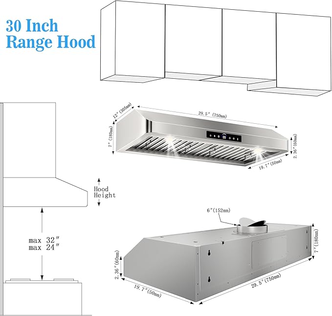 30 inch Under Cabinet Range Hood 1200 CFM with 4-Speed Gesture Sensing & Touch Control, Stainless Steel Kitchen Stove Vent Hoods with 2 LED Lights, Time Setting, Dishwasher-Safe Baffle Filters