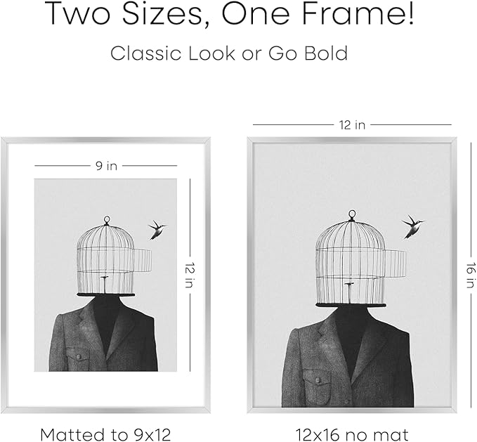 Homeforia 12 x 16 Picture Frame Silver, High End Metal 12x16 Poster Frames with Mat 9x12 Photo, 12 x 16 Silver Frame Matted to 9 x 12 in Print, 16by12 Hanging Frame, Tempered Glass, Wall Kit, Set of 3