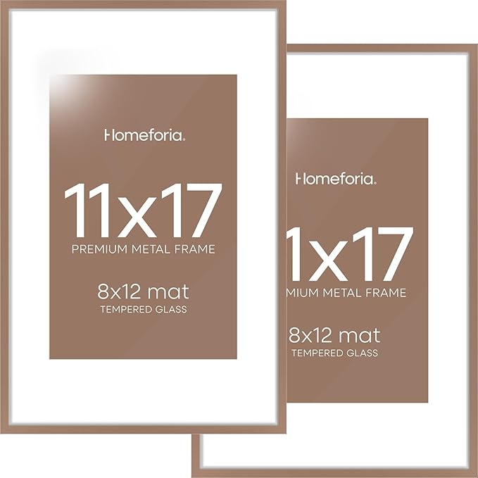Homeforia 11 x 17 Picture Frame Mocha, High End Metal 11x17 Poster Frames with Mat 8x12 for Photo, 11 x 17 Mocha Frame Matted to 8 x 12 inch Print, 17x11 Thin Frame, Tempered Glass, Wall Kit, Set of 2