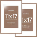 Homeforia 11 x 17 Picture Frame Mocha, High End Metal 11x17 Poster Frames with Mat 8x12 for Photo, 11 x 17 Mocha Frame Matted to 8 x 12 inch Print, 17x11 Thin Frame, Tempered Glass, Wall Kit, Set of 2