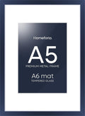 Homeforia A5 Navy Blue Frame, High End Metal 5.8 x 8.3 Picture Frames Matted to 4.1 by 5.8 inch Art, A5 Display Photo Frame with Mat A6, 5.8x8.3 Blue Poster Frames, Tempered Glass, Wall Kit, Set of 1