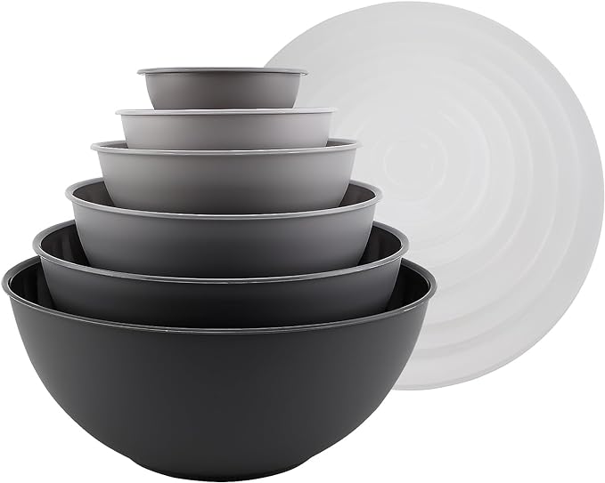 COOK WITH COLOR Plastic Nesting Mixing Bowls Set - 12 Piece includes 6 Prep Bowls and 6 Lids, Microwave Safe (Gray Ombre)
