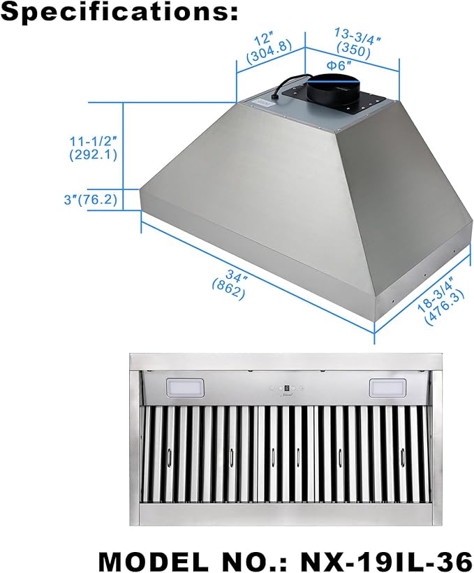 Akicon Range Hood Insert 36 Inch, Ultra Quiet, Powerful Suction Built-in Kitchen Vent Hood, Stainless Steel Ducted Stove Hood with Dimmable LED Lights, 4-Speed 600CFM