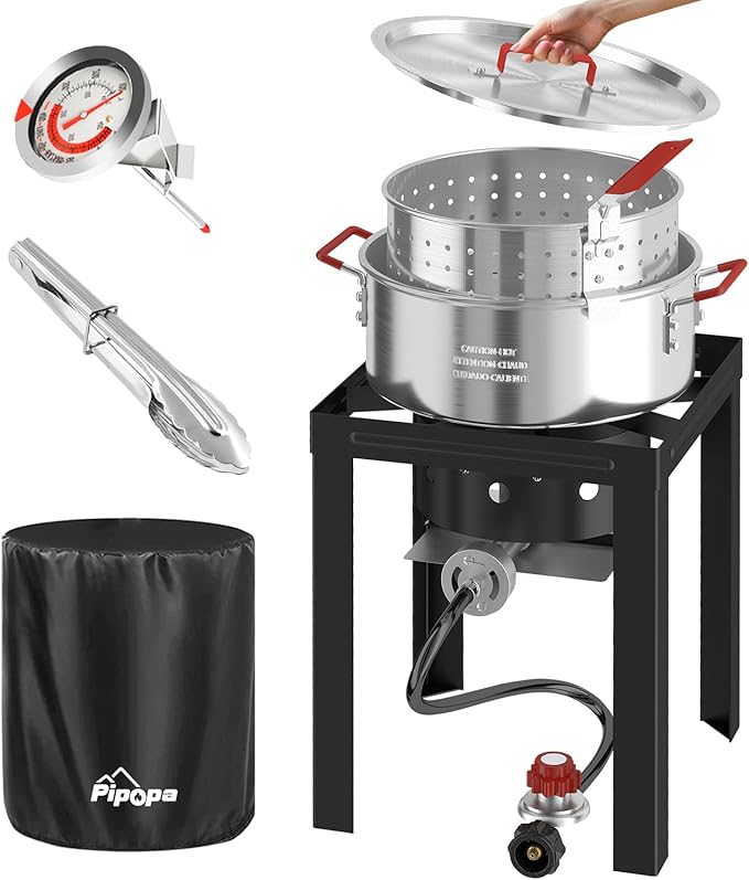 10QT Fish Fryer Pot with Lid | 9inch Fryer Tong | 8QT Basket | 6inch Thermometer | 50,000 BTU Propane Burner | Outdoor Deep Fryer | Ideal for Frying Fish | French Fries | Chicken Wings