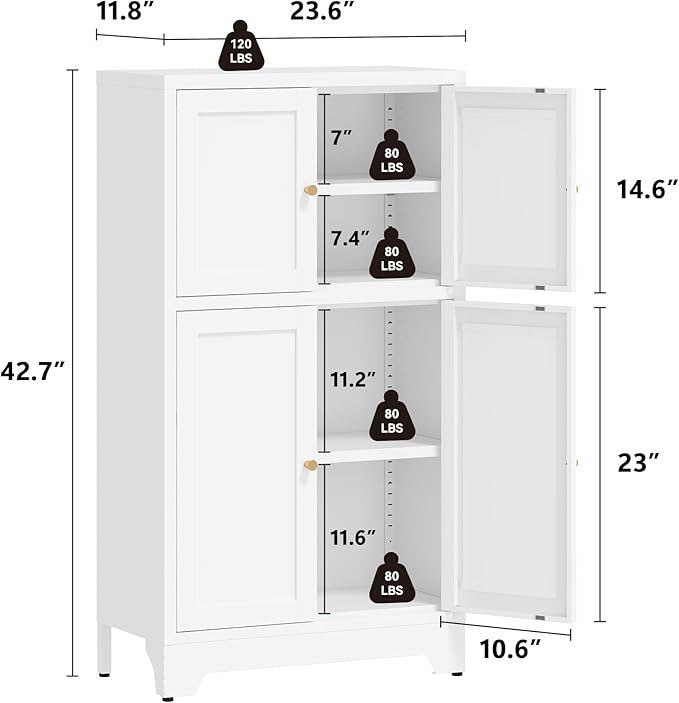 Metal Pantry Cabinet,Tall Kitchen Pantry Storage Cabinet with 4 Doors and 2 Adjustable Shelves,White Freestanding Cupboard Cabinet for Kitchen,Living Room,Dining Room,Home