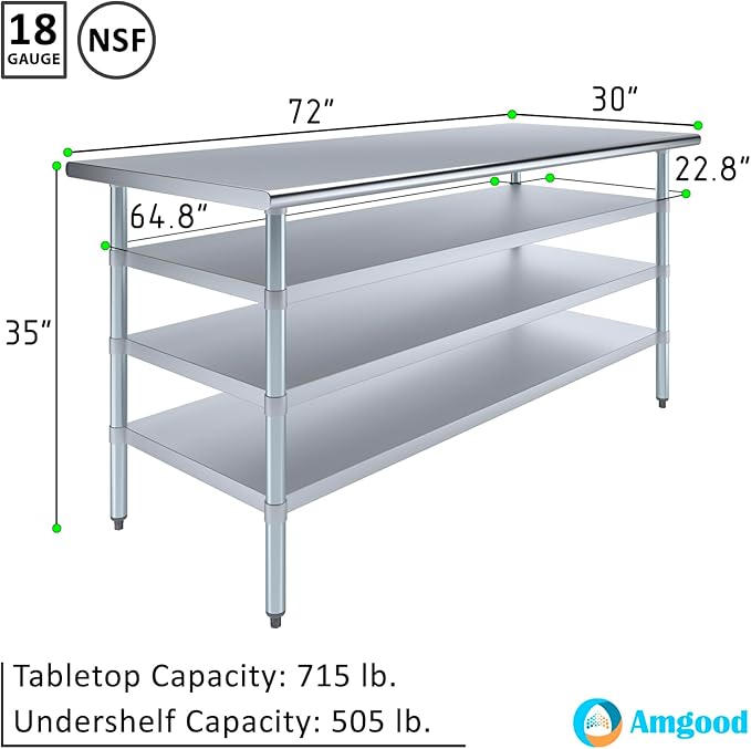 30 in. x 72 in. Stainless Steel Work Table with Three Bottom Shelves | NSF Kitchen Prep Table | Utitly Metal Table