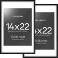 Homeforia 14x22 Frame Black Wood, High End Oak 14x22 Picture Frames with Mat 12x16 Photo, 14 x 22 Wooden Poster Frame Matted to 12 by 16 Print, 22x14 Hanging Frames, Tempered Glass, Wall Kit, Set of 2