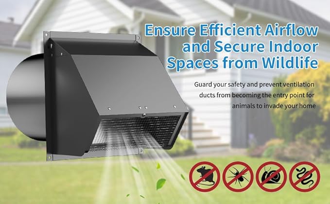 8 Inch Hooded Wall Vent with Screen and Damper,Wall Exhaust Vent Cover Cap,Dryer Vent Cover Outside,External Extractor Wall Vent Hood for House Kitchen Range Hood Air Ventilation Black
