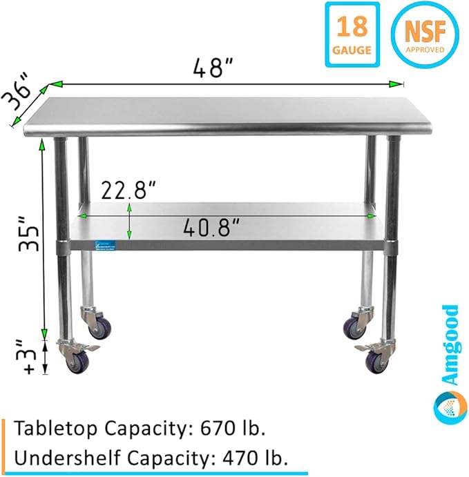 AmGood 48" Long x 36" Deep Stainless Steel Table with Casters