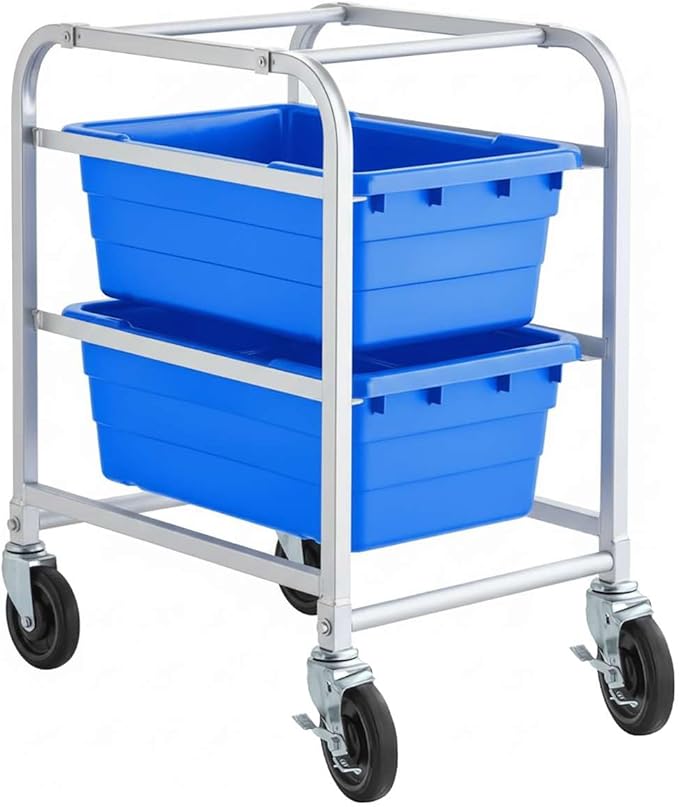 19"x26"x32" Mobile Aluminum Lug Rack with 2 Blue Meat Lugs / Tote Boxes - NSF Heavy-Duty Commercial Storage Cart, Portable Aluminum Utility Rack with Casters for Kitchen, Restaurant, or Food Prep