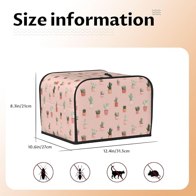 4 Slice Toaster Cover for Kitchen Cactus Pattern Pastel Waterproof and Dustproof Toaster Dust Cover with Side Pockets Decorative Universal Cover for Wide Slot Toasters and Small Appliances